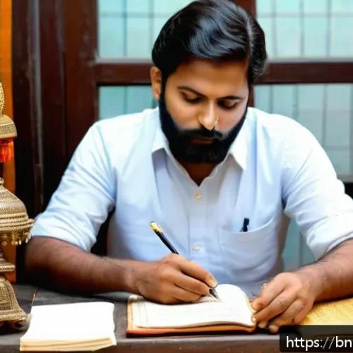 스토리텔러의 창작과 모방 사이 - A thoughtful Bengali writer sitting at a traditional wooden desk by a window, surrounded by ancient ...