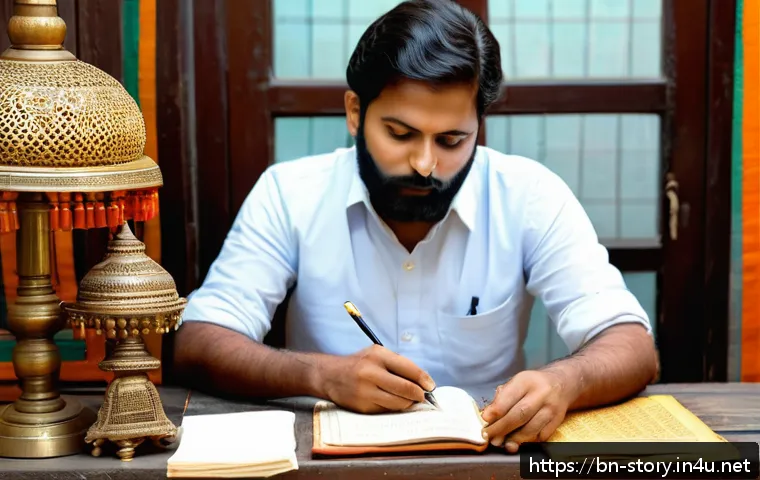 스토리텔러의 창작과 모방 사이 - A thoughtful Bengali writer sitting at a traditional wooden desk by a window, surrounded by ancient ...