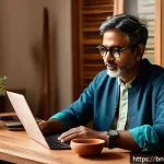 스토리텔러 직무와 관련된 필수 소프트웨어 - A modern digital storytelling workspace showing a Bengali writer using a sleek laptop with Bengali s...
