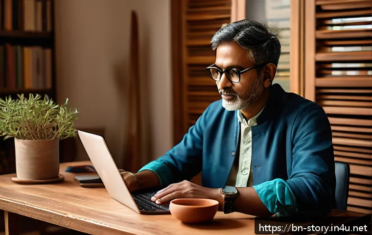 스토리텔러 직무와 관련된 필수 소프트웨어 - A modern digital storytelling workspace showing a Bengali writer using a sleek laptop with Bengali s...