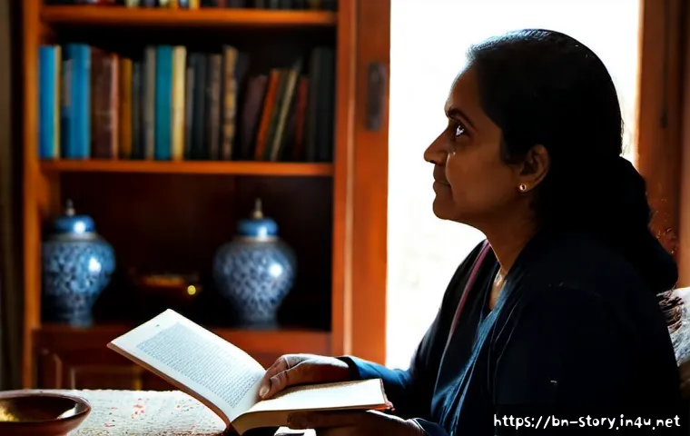 스토리텔러 관련 서적 추천 - Photorealistic cozy reading nook in a Bengali home, a middle-aged South Asian woman thoughtfully com...