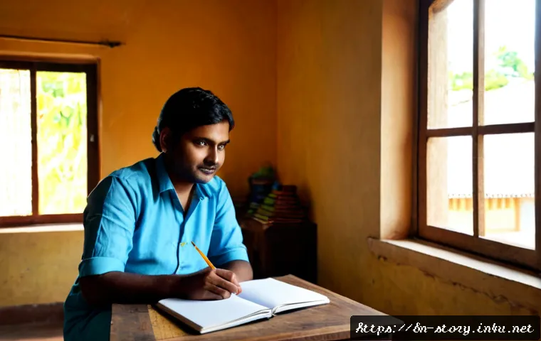 스토리텔러가 다루는 이야기의 다양성 - Photorealistic Bengali storyteller in a warm, sunlit home studio, seated at a wooden desk with a bla...