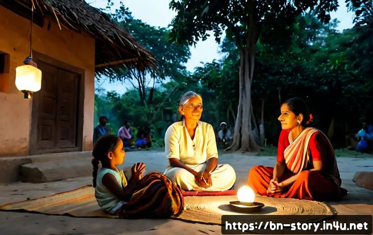 Home 17 스토리텔러와 문화적 이야기의 중요성 - Photorealistic evening scene in a Bengali village courtyard, an elderly female storyteller in modest...