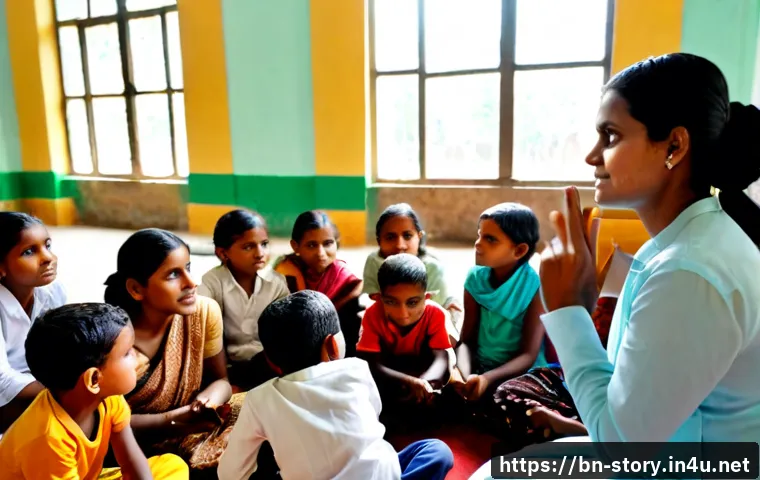 스토리텔러와 공공 스토리텔링의 역할 - Photorealistic community storytelling scene in Bangladesh, a warm Bengali female storyteller seated ...