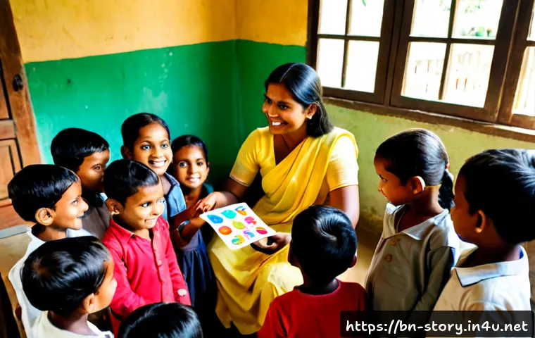 스토리텔러 자격증과 관련된 실무 사례 - Photorealistic documentary-style scene in a Bangladesh community library, a certified storyteller le...